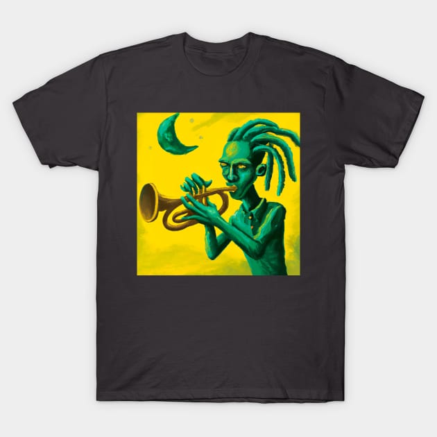 Surreal dreadlock alien playing trumpet T-Shirt by KFX Productions